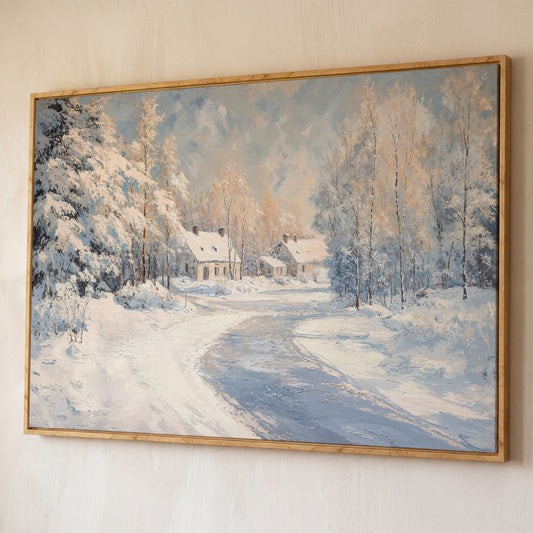 Snowy Village Road Canvas shown in white oak floating frame