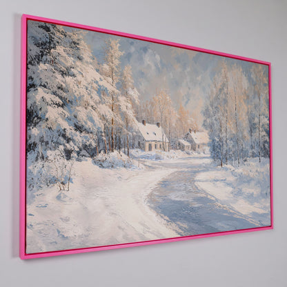 Snowy Village Road Canvas in pink floating frame