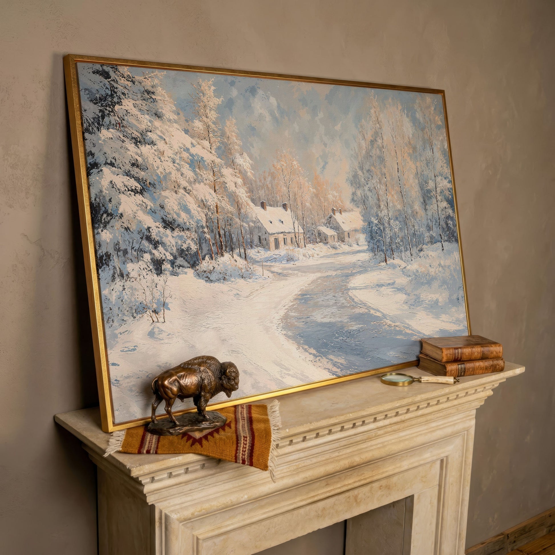 Snowy Village Road Canvas in rose gold floating frame