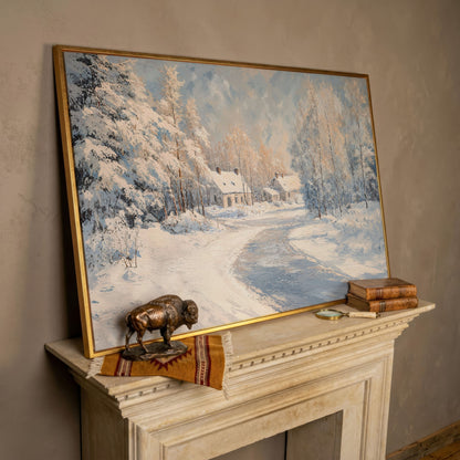 Snowy Village Road Canvas in rose gold floating frame