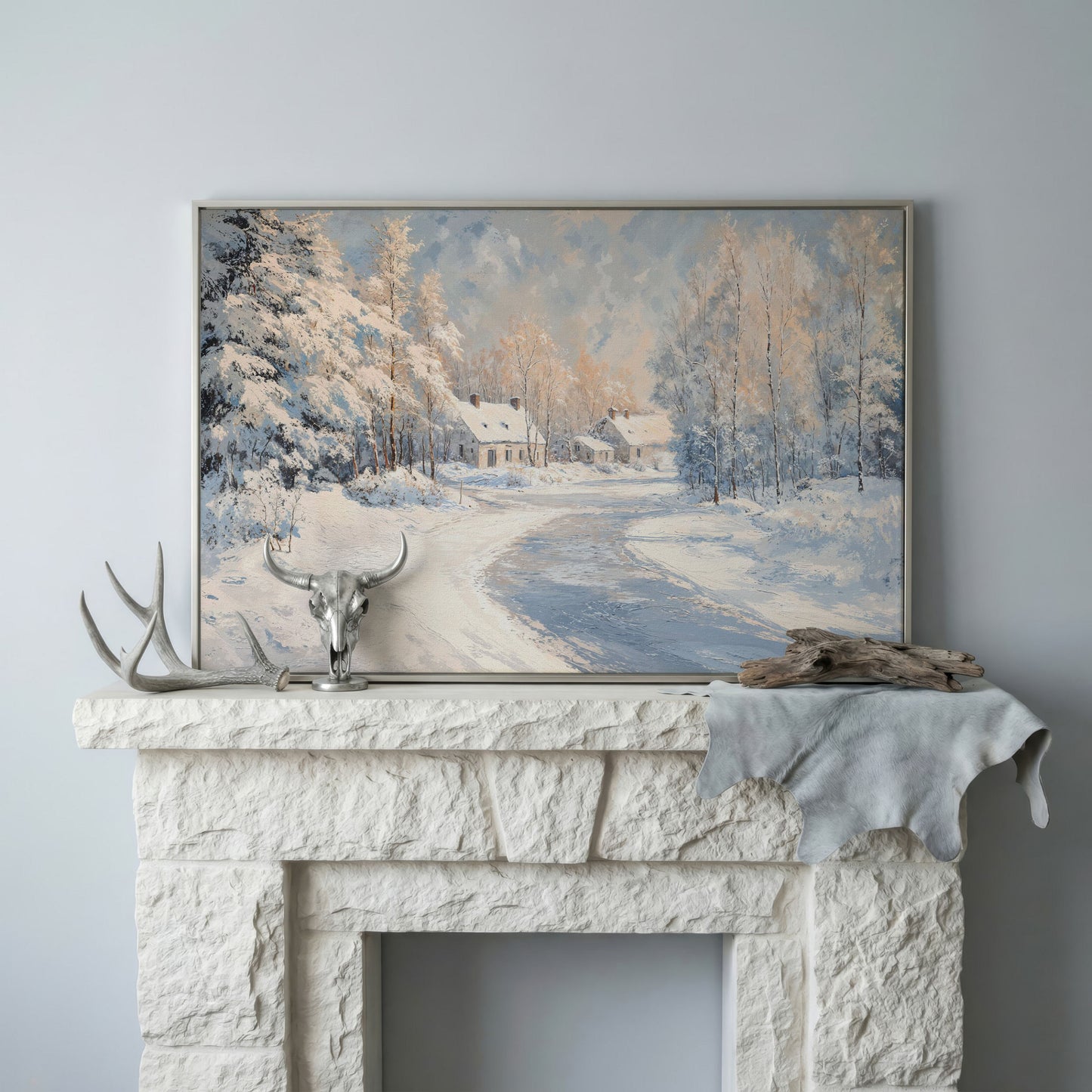 Snowy Village Road Canvas in silver floating frame