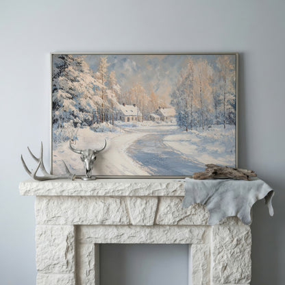 Snowy Village Road Canvas in silver floating frame