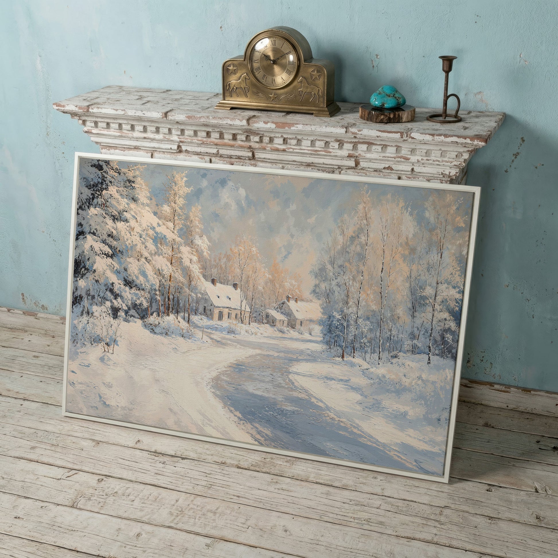 Snowy Village Road Canvas in white floating frame