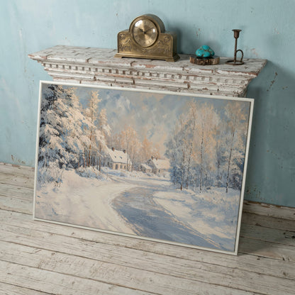 Snowy Village Road Canvas in white floating frame