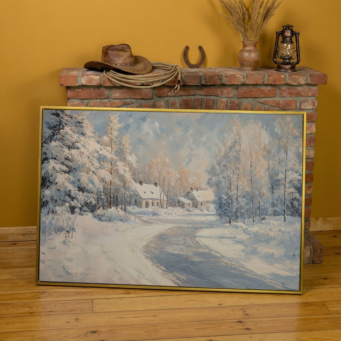 Snowy Village Road Canvas in yellow gold floating frame