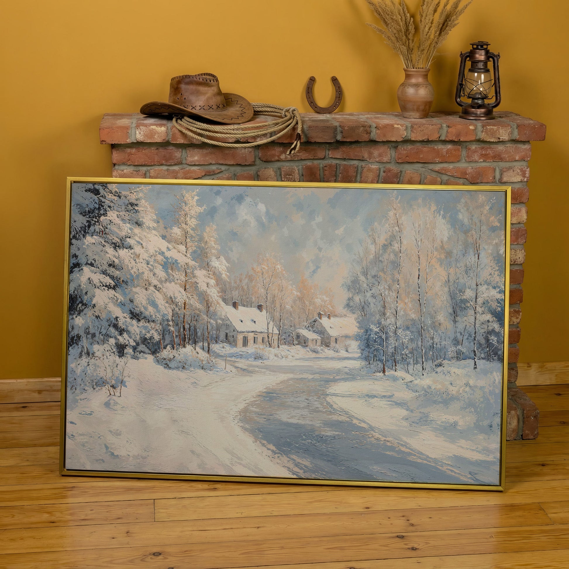Snowy Village Road Canvas in yellow gold floating frame