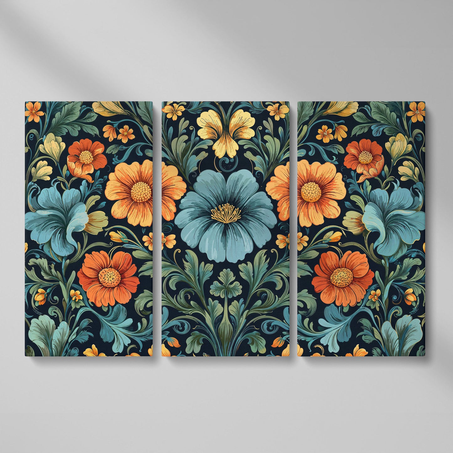William Morris Floral Canvas in Teal and Burnt Orange as 3-panel split version