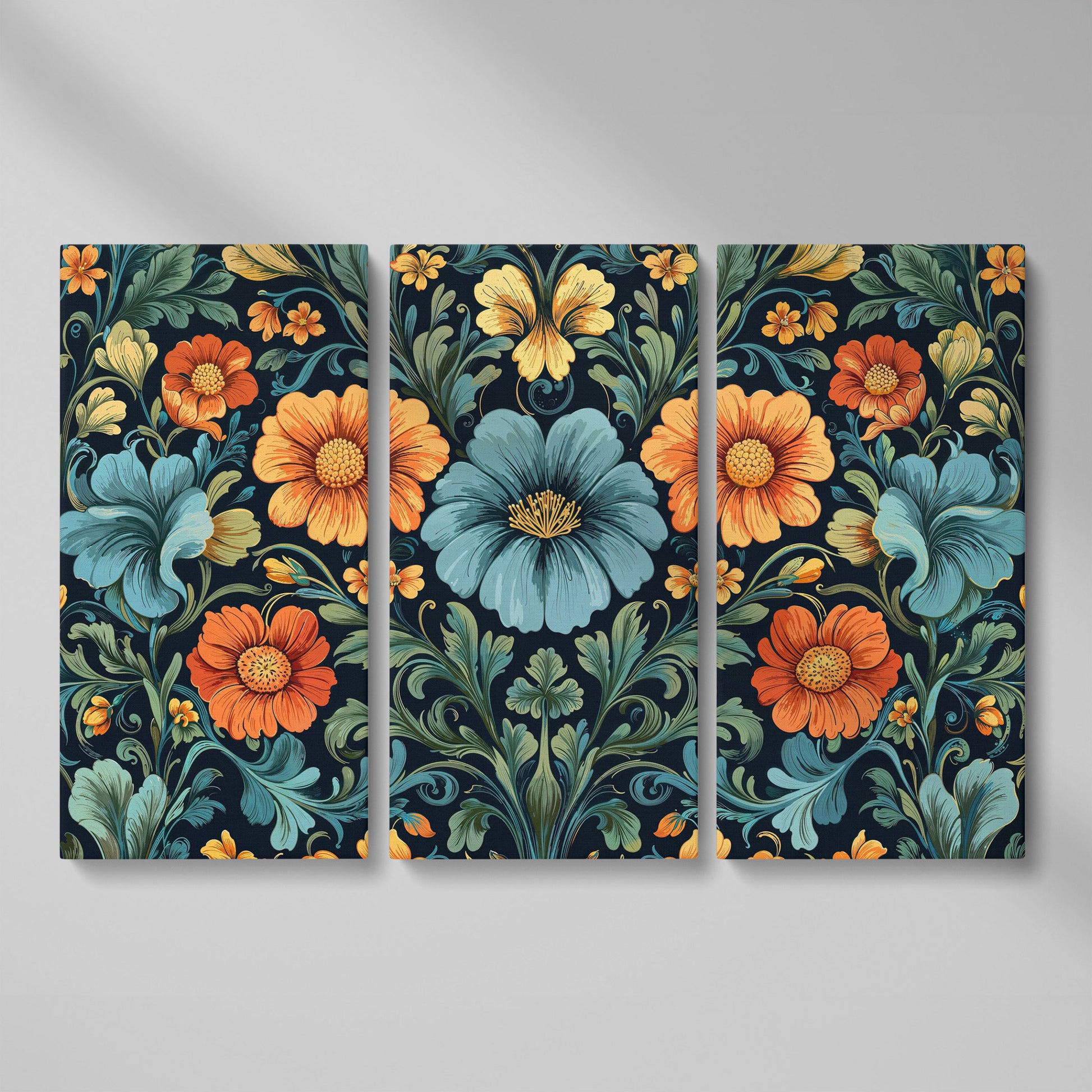 William Morris Floral Canvas in Teal and Burnt Orange as 3-panel split version