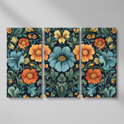 William Morris Floral Canvas in Teal and Burnt Orange as 3-panel split version