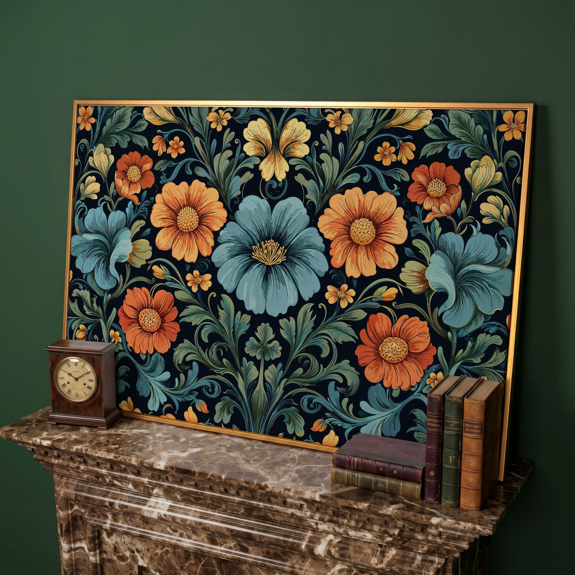 William Morris Floral Canvas in Teal and Burnt Orange in antique gold floating frame