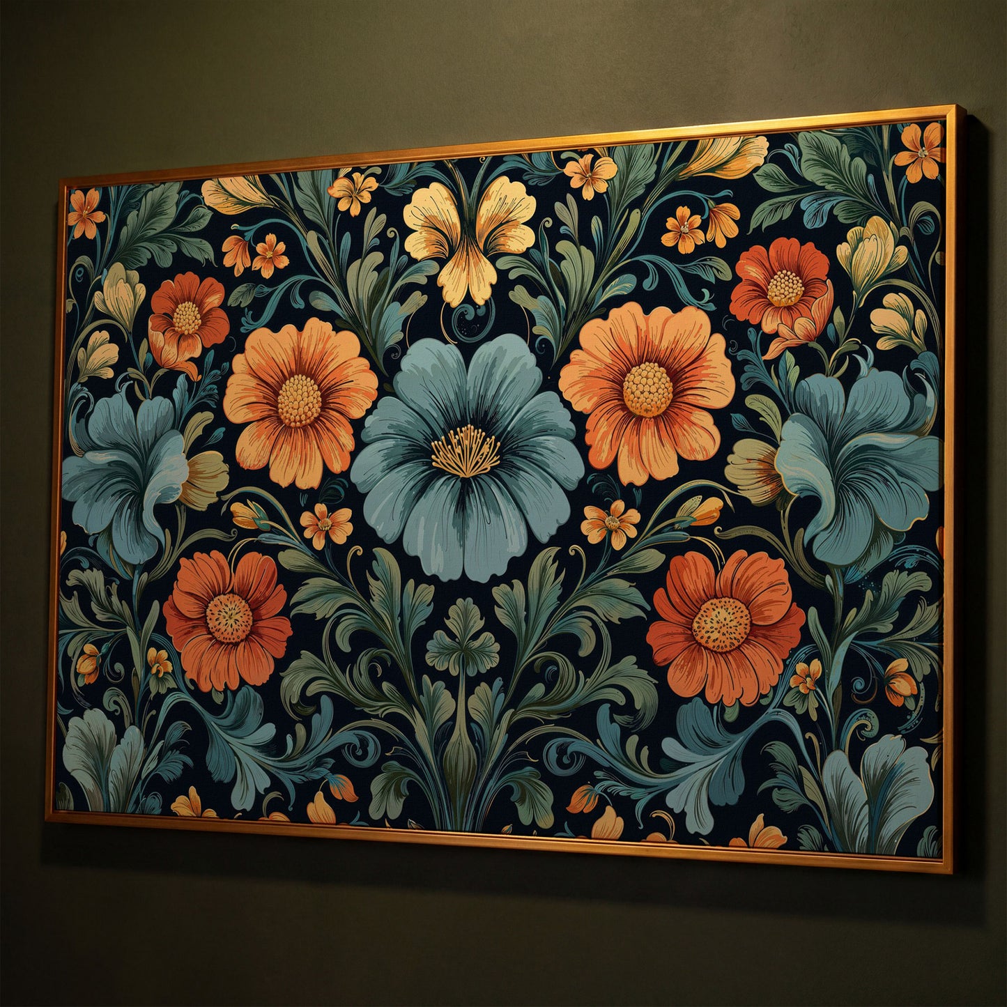 William Morris Floral Canvas in Teal and Burnt Orange shown in antique gold floating frame