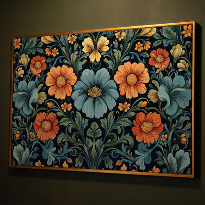 William Morris Floral Canvas in Teal and Burnt Orange shown in antique gold floating frame