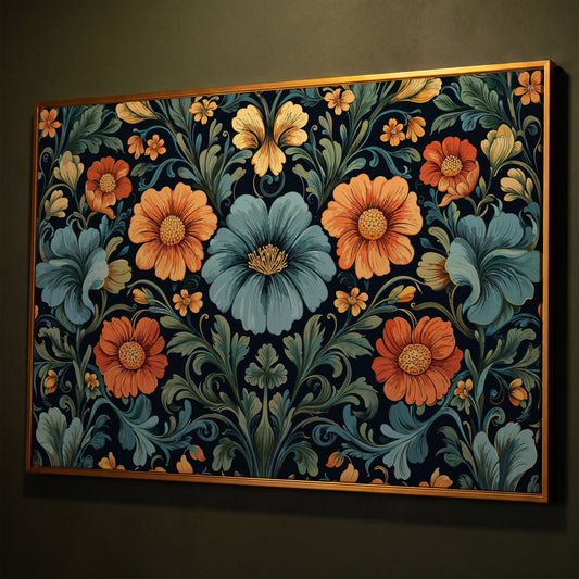 William Morris Floral Canvas in Teal and Burnt Orange shown in antique gold floating frame