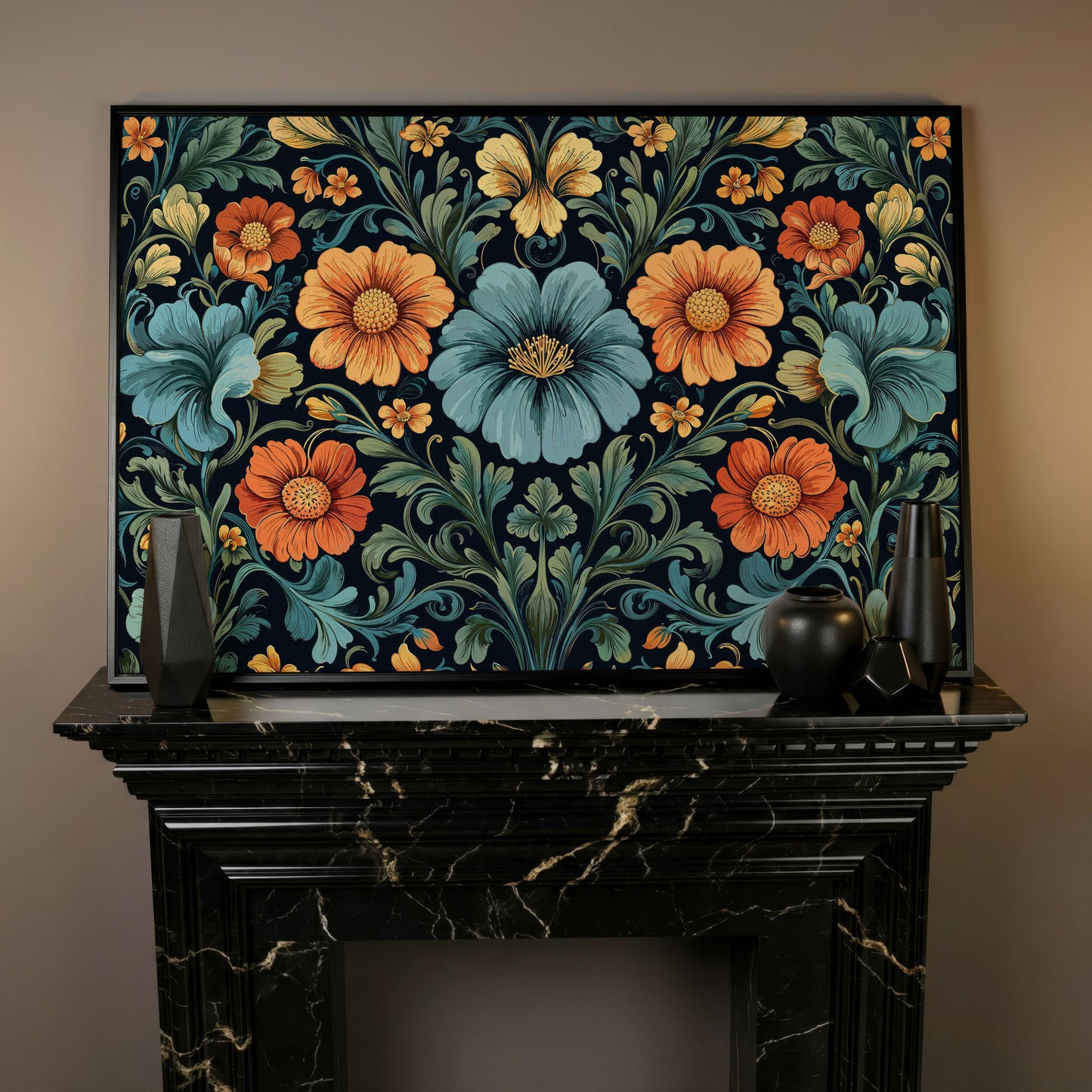 William Morris Floral Canvas in Teal and Burnt Orange in black floating frame