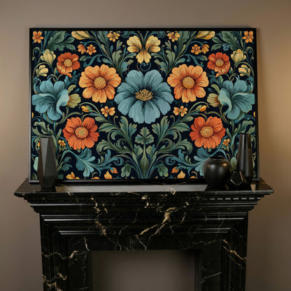 William Morris Floral Canvas in Teal and Burnt Orange in black floating frame