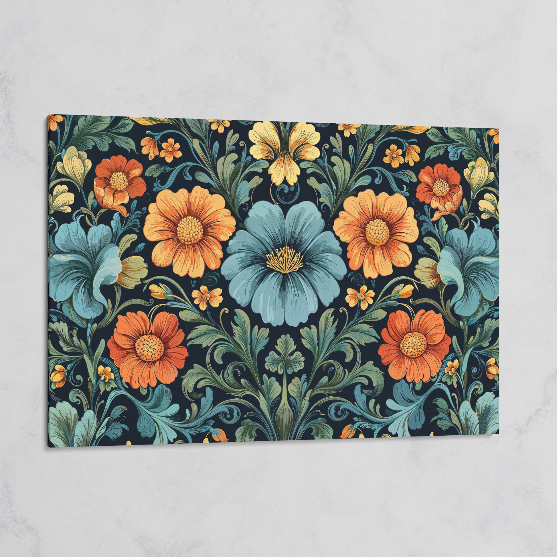 William Morris Floral Canvas in Teal and Burnt Orange on gallery wrap