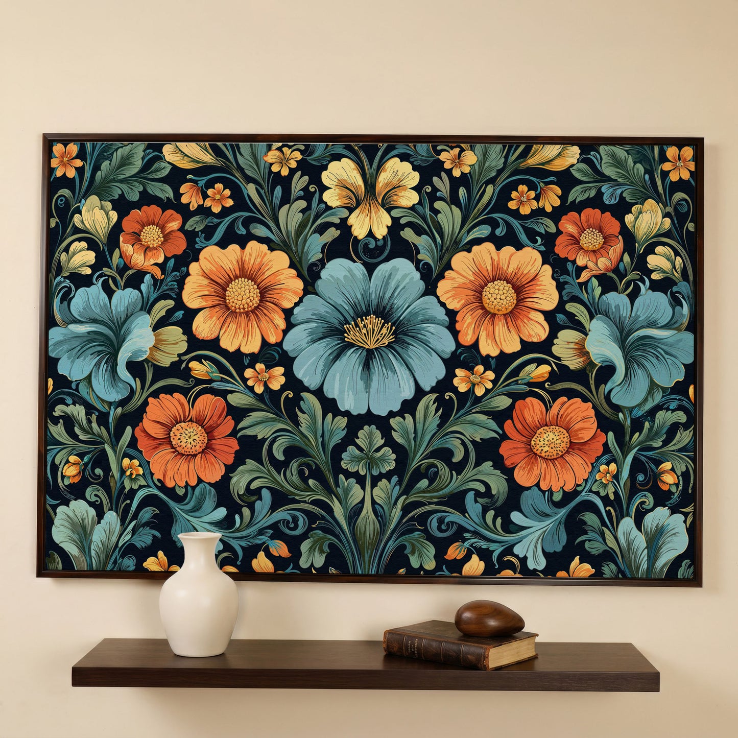William Morris Floral Canvas in Teal and Burnt Orange in dark walnut floating frame