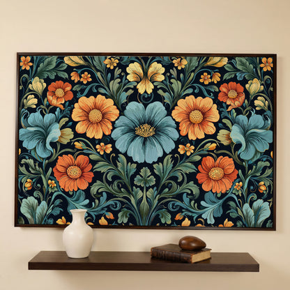 William Morris Floral Canvas in Teal and Burnt Orange in dark walnut floating frame