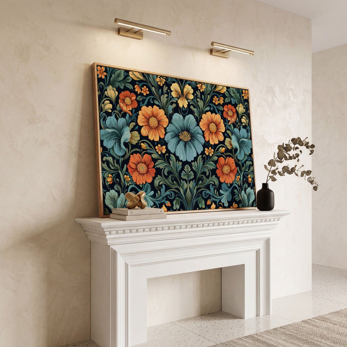 William Morris Floral Canvas in Teal and Burnt Orange in white oak floating frame