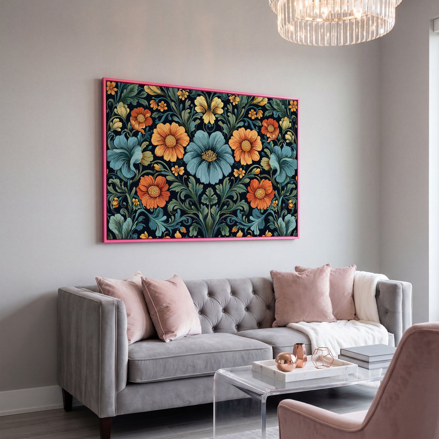 William Morris Floral Canvas in Teal and Burnt Orange in pink floating frame