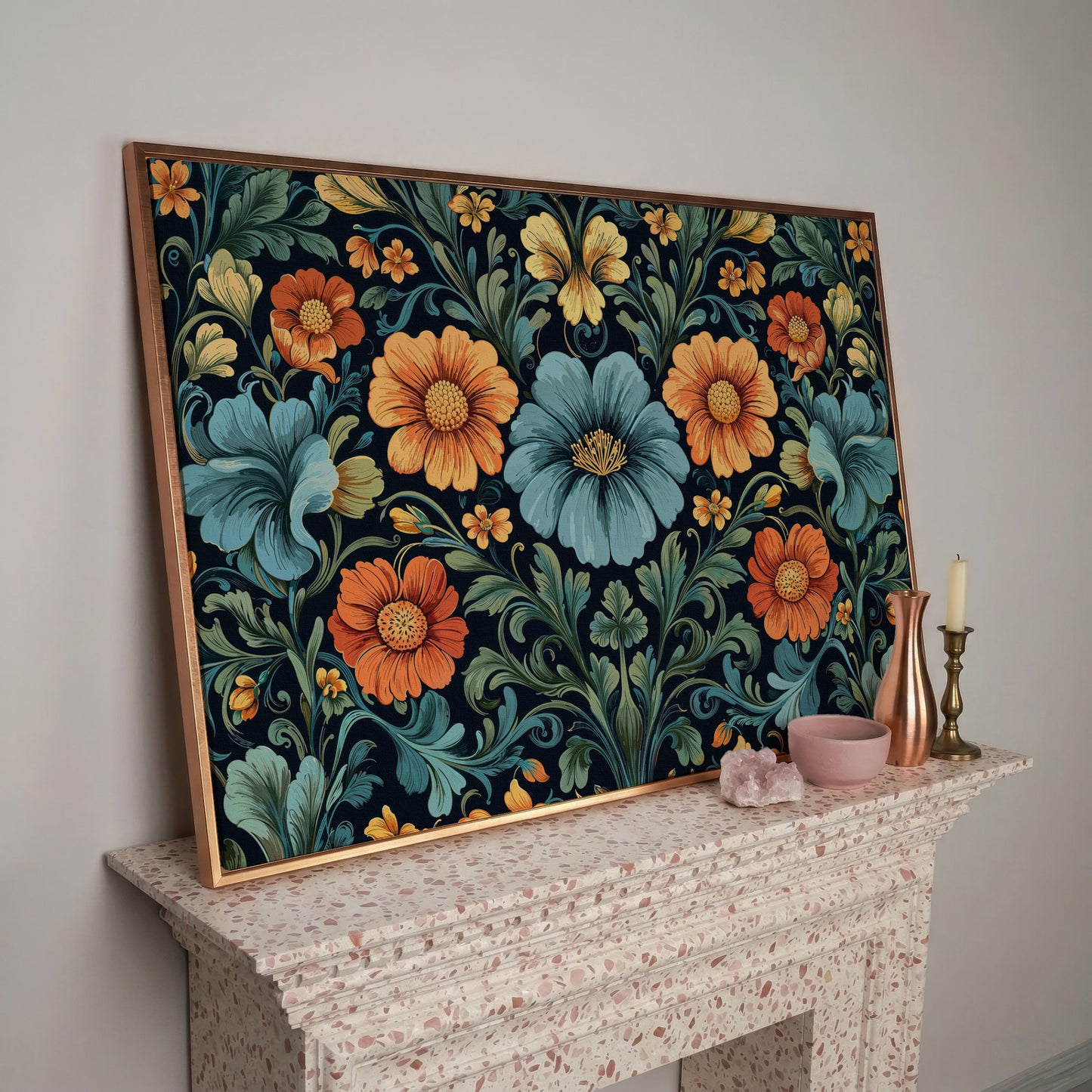 William Morris Floral Canvas in Teal and Burnt Orange in rose gold floating frame