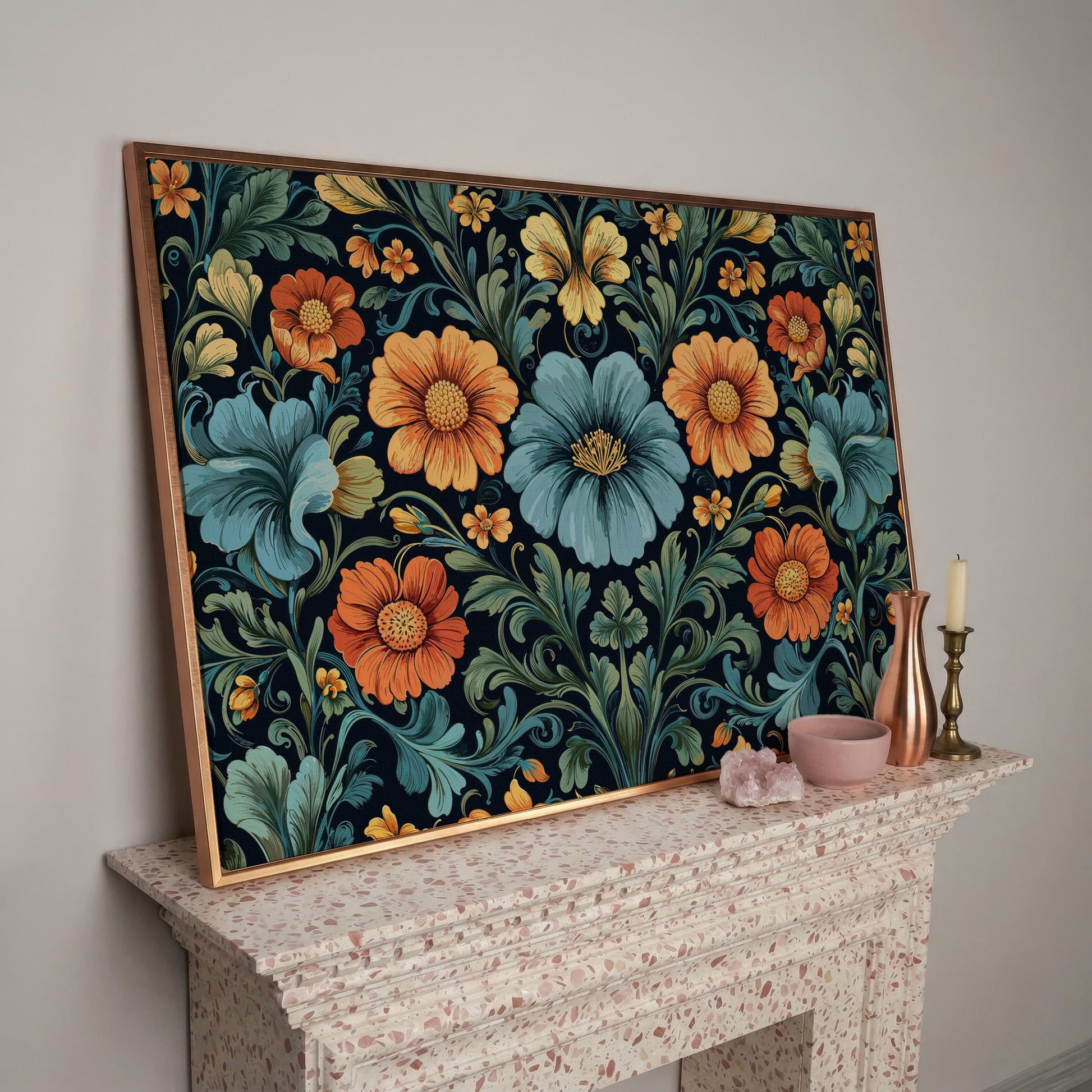 William Morris Floral Canvas in Teal and Burnt Orange in rose gold floating frame