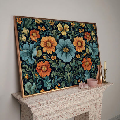 William Morris Floral Canvas in Teal and Burnt Orange in rose gold floating frame