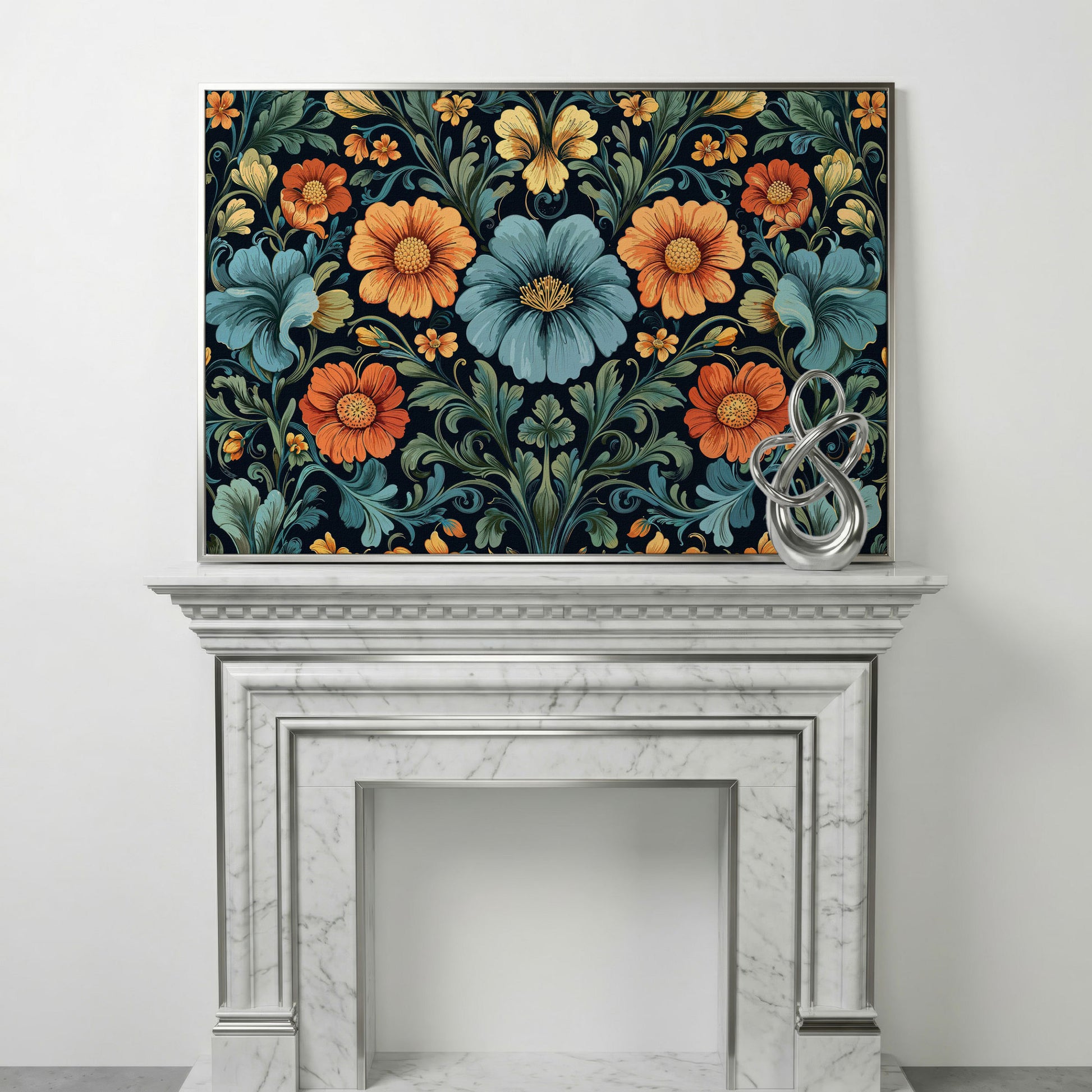 William Morris Floral Canvas in Teal and Burnt Orange in silver floating frame