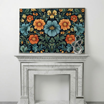 William Morris Floral Canvas in Teal and Burnt Orange in silver floating frame