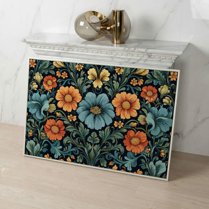 William Morris Floral Canvas in Teal and Burnt Orange in white floating frame