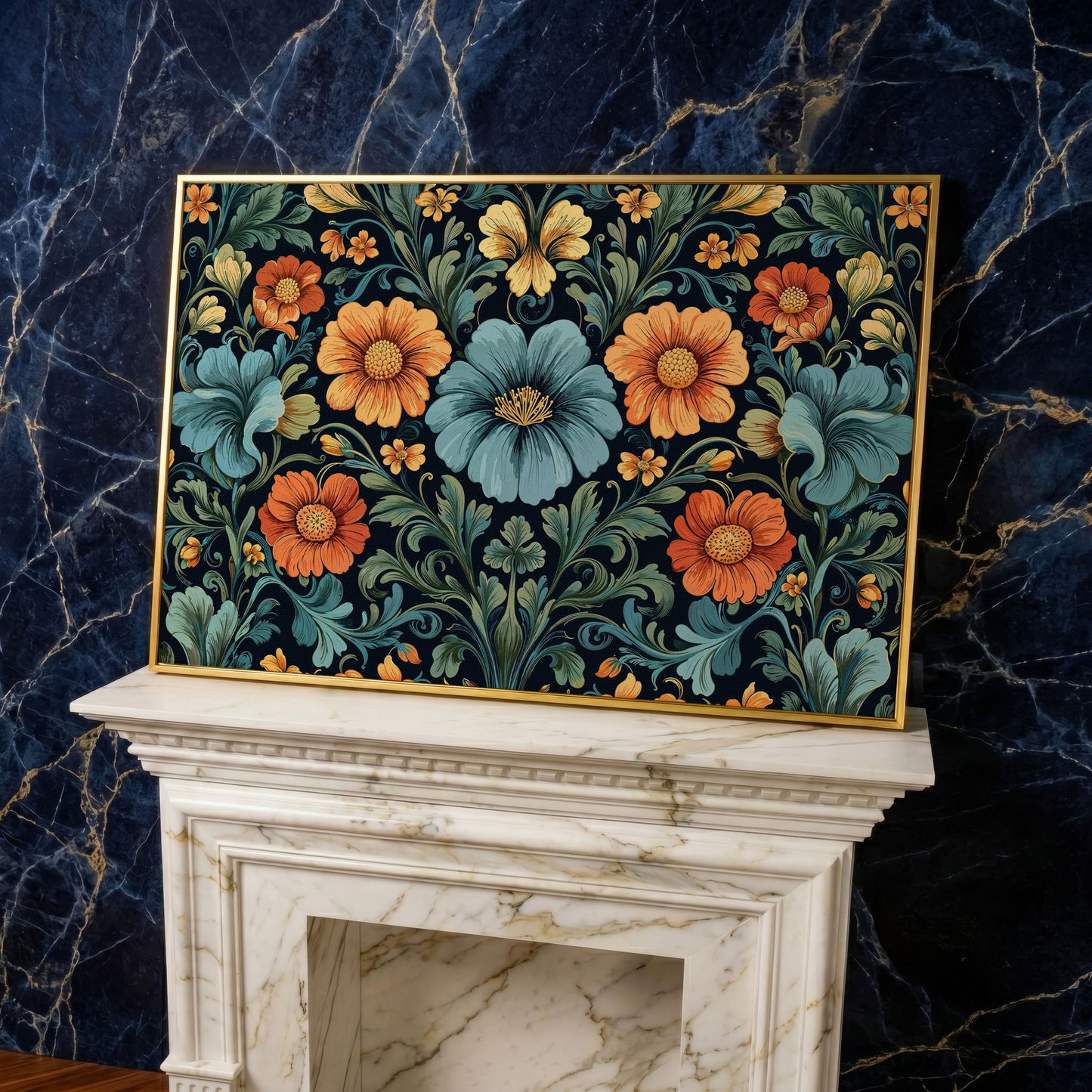 William Morris Floral Canvas in Teal and Burnt Orange in yellow gold floating frame