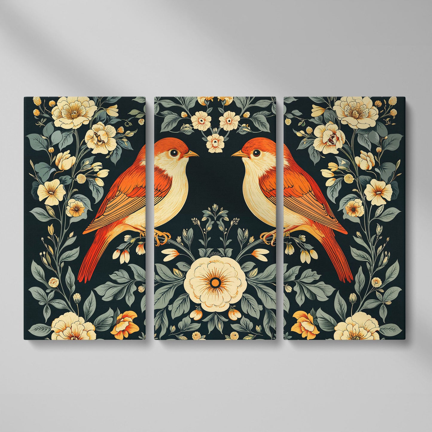 Vintage Birds and Roses Canvas Print as 3-panel split version