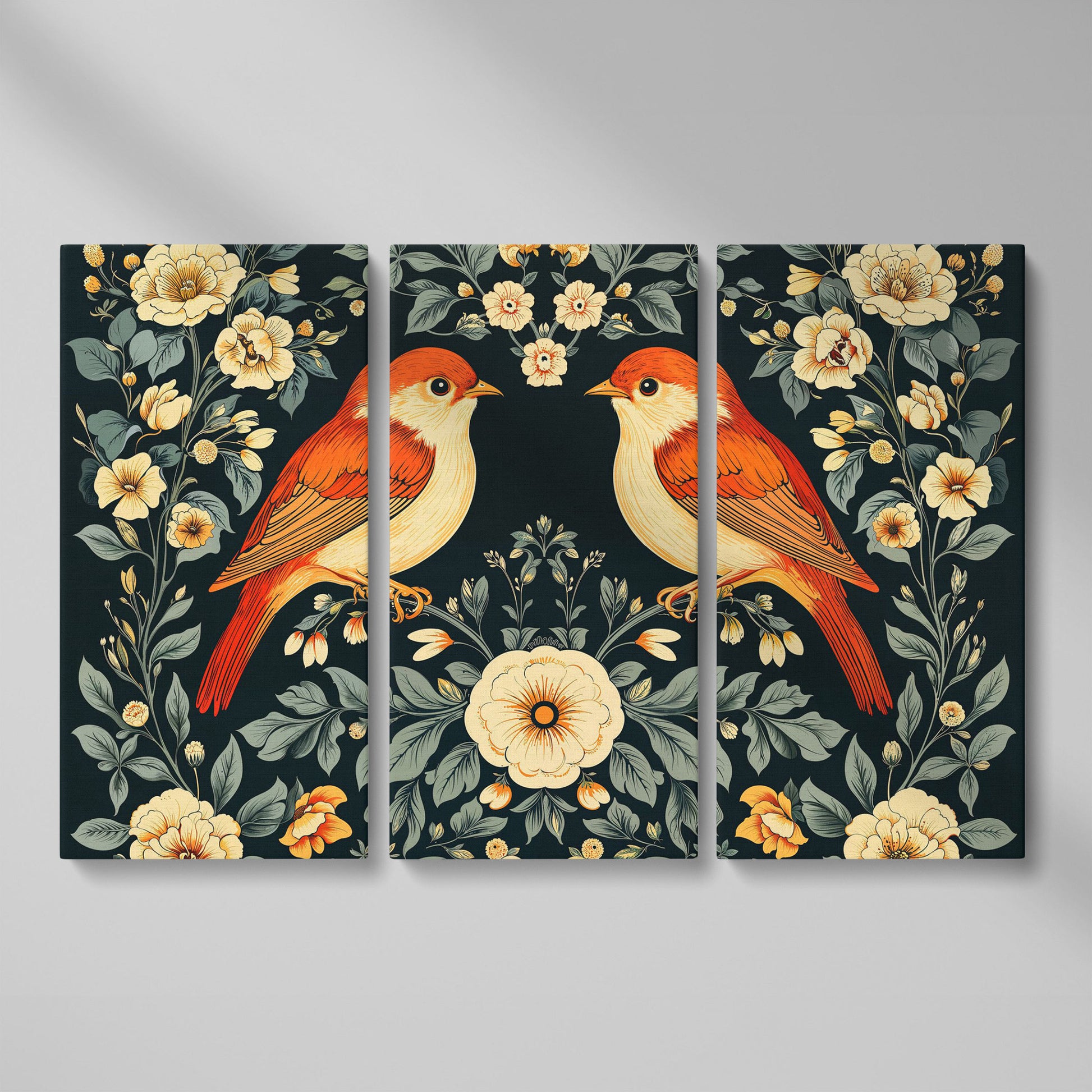 Vintage Birds and Roses Canvas Print as 3-panel split version