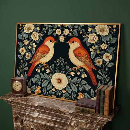 Vintage Birds and Roses Canvas Print in antique gold floating frame