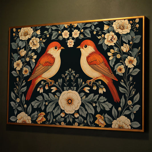 Vintage Birds and Roses Canvas Print shown in antique gold floating frame