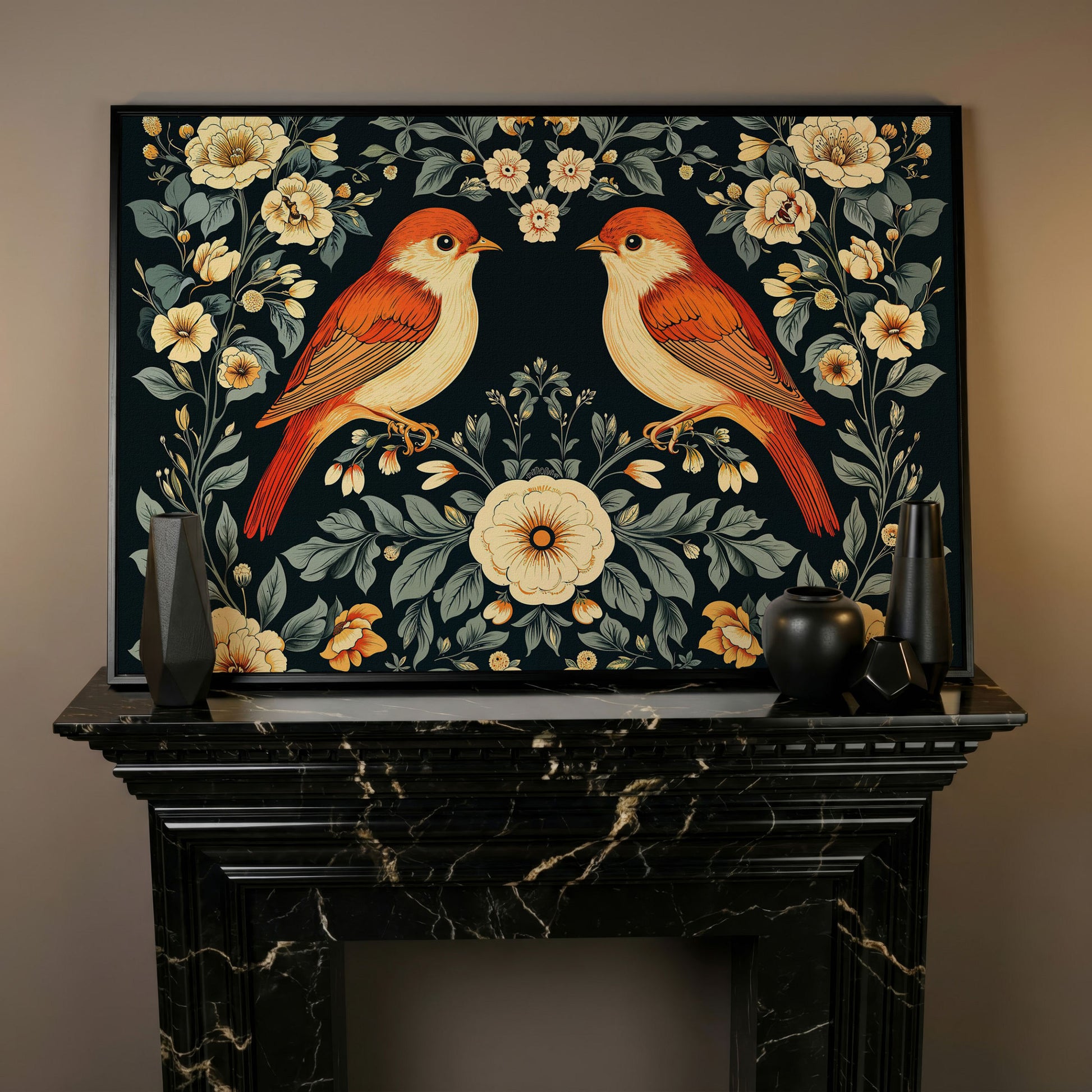 Vintage Birds and Roses Canvas Print in black floating frame