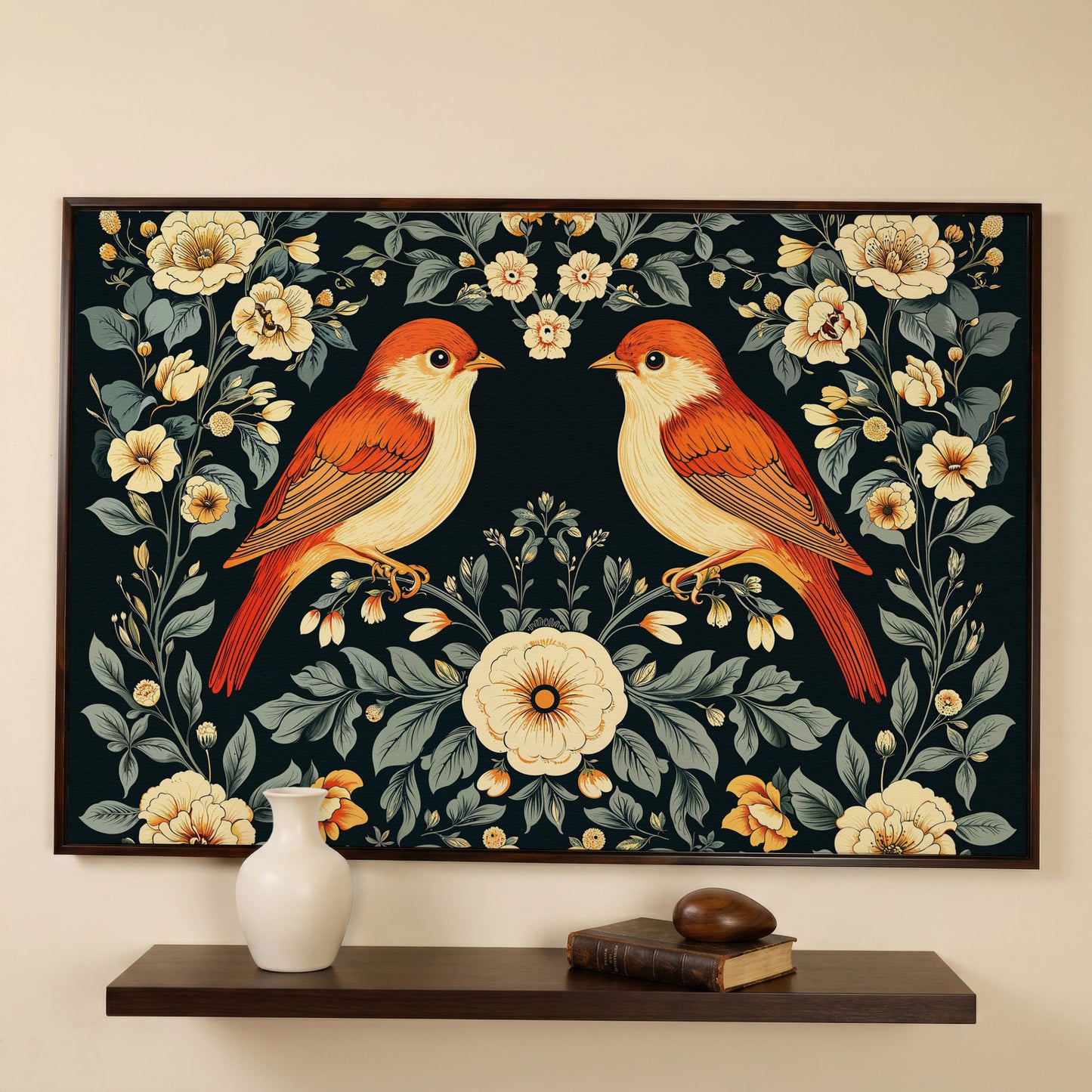 Vintage Birds and Roses Canvas Print in dark walnut floating frame