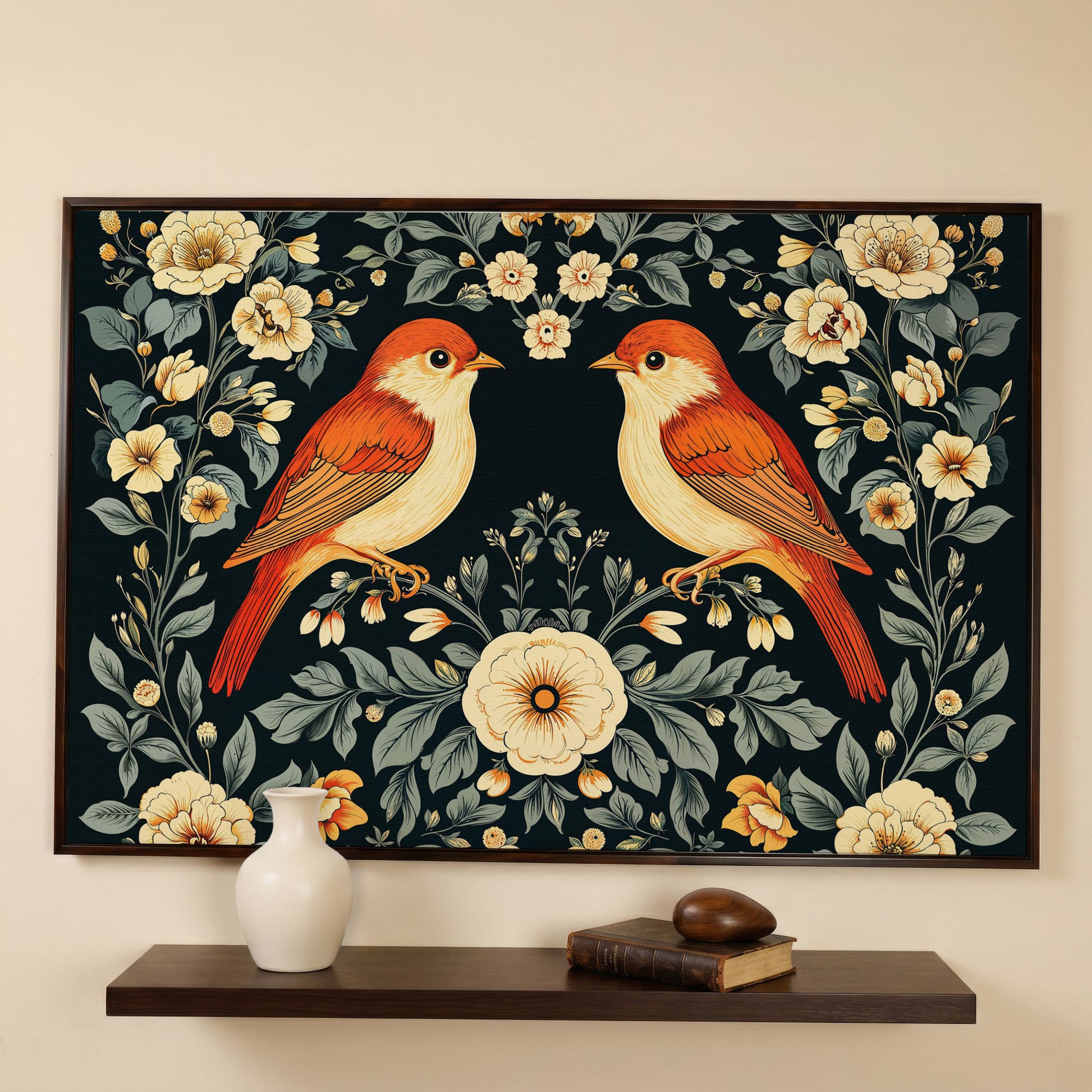 Vintage Birds and Roses Canvas Print in dark walnut floating frame