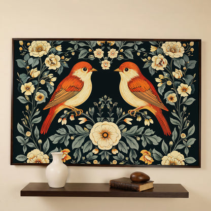 Vintage Birds and Roses Canvas Print in dark walnut floating frame
