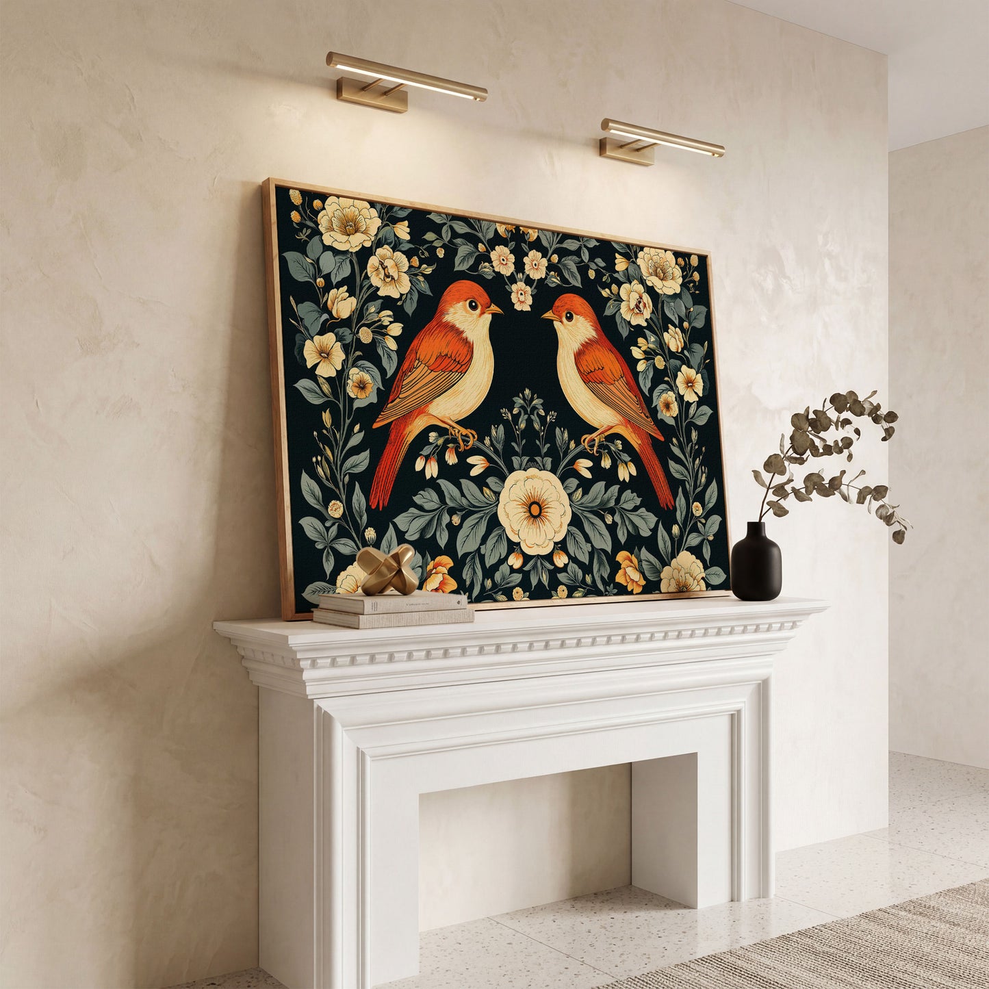 Vintage Birds and Roses Canvas Print in white oak floating frame
