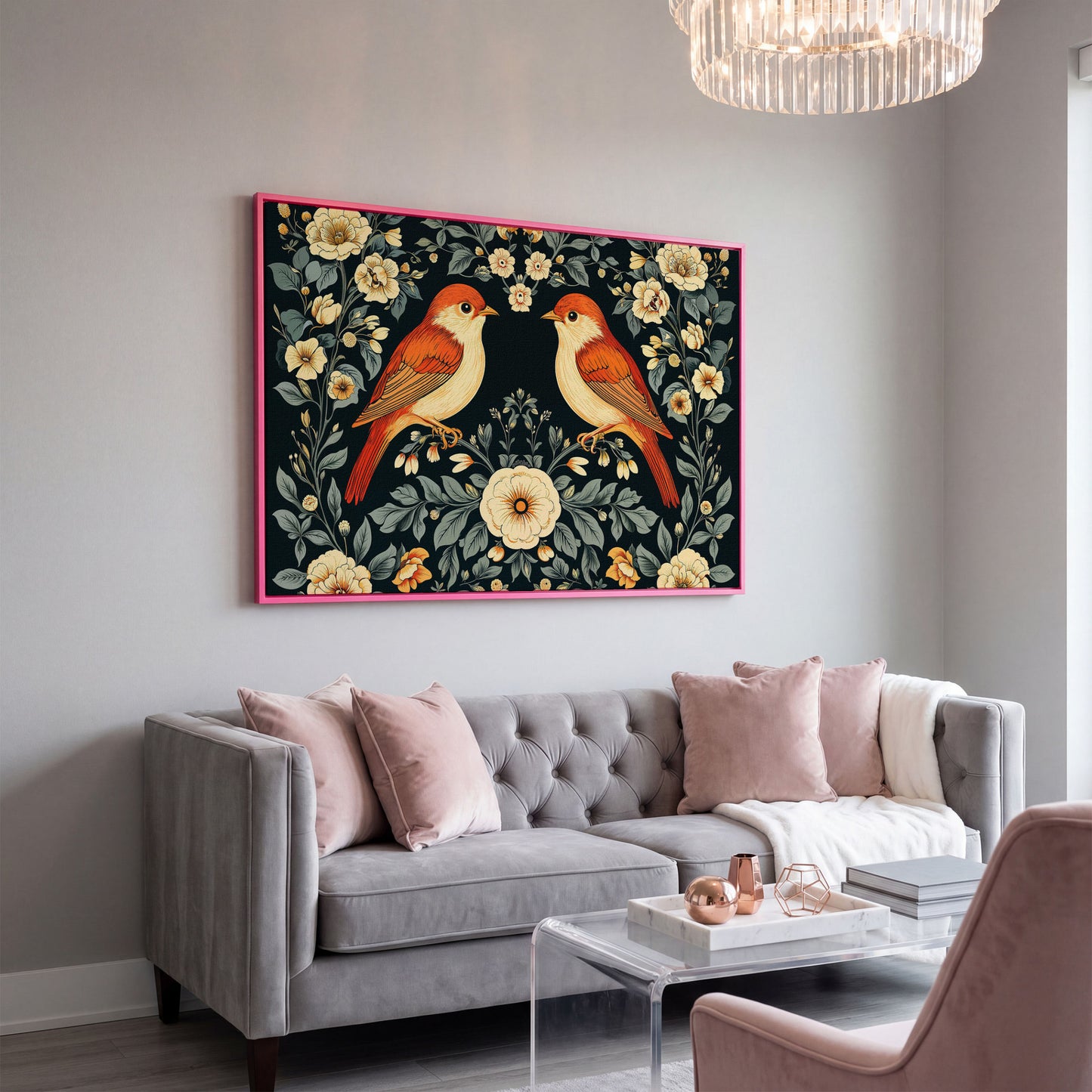 Vintage Birds and Roses Canvas Print in pink floating frame