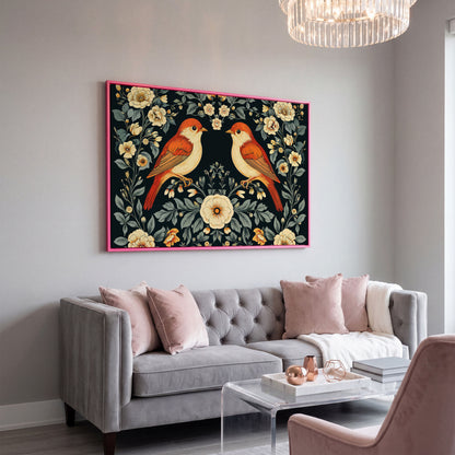Vintage Birds and Roses Canvas Print in pink floating frame