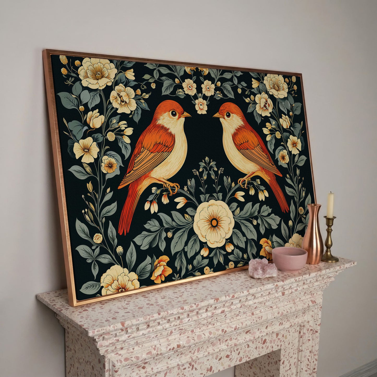 Vintage Birds and Roses Canvas Print in rose gold floating frame