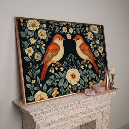 Vintage Birds and Roses Canvas Print in rose gold floating frame