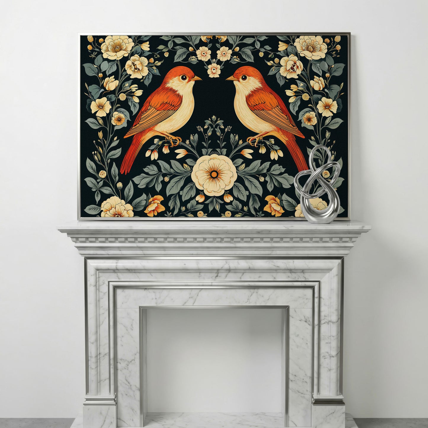 Vintage Birds and Roses Canvas Print in silver floating frame