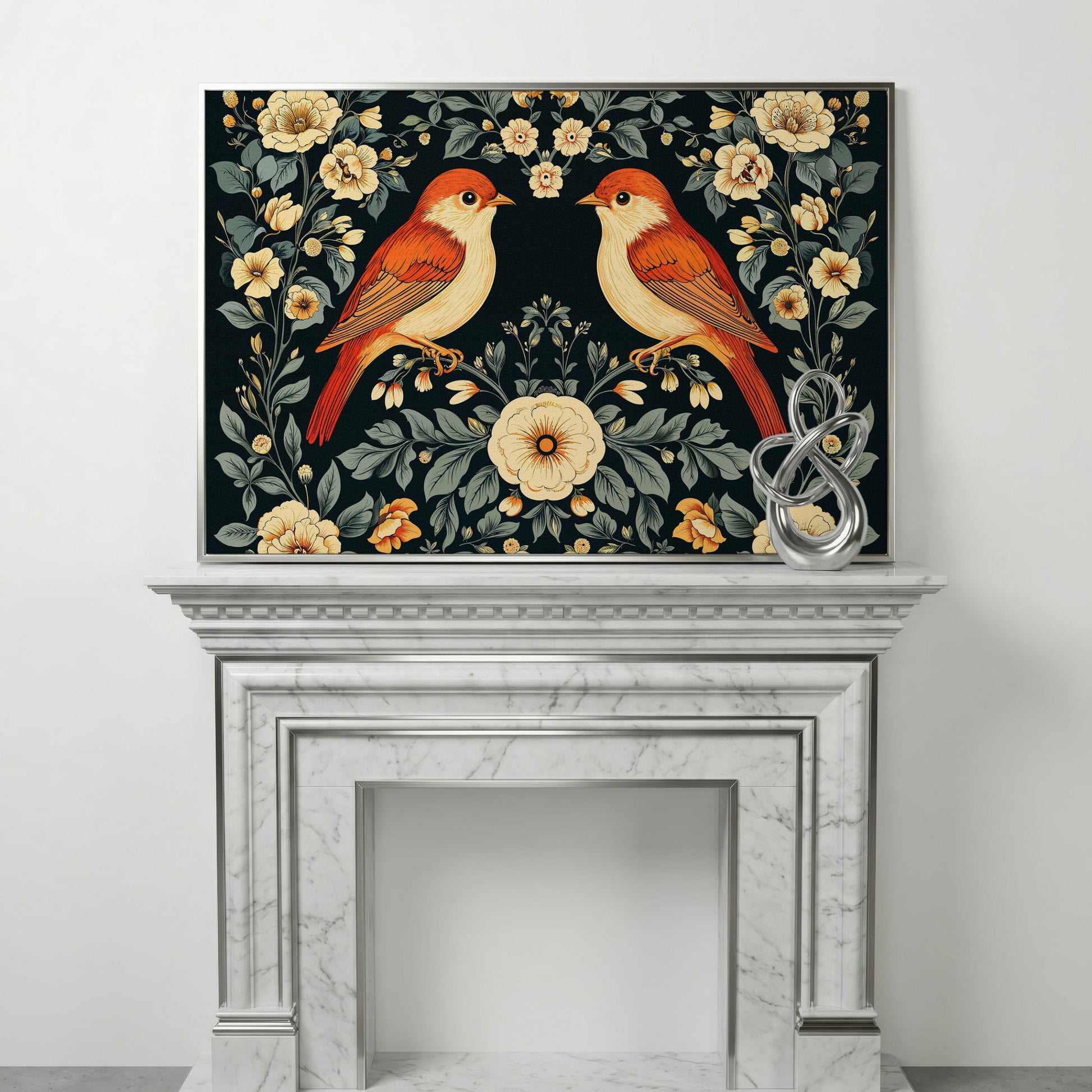 Vintage Birds and Roses Canvas Print in silver floating frame
