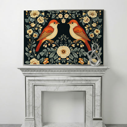 Vintage Birds and Roses Canvas Print in silver floating frame