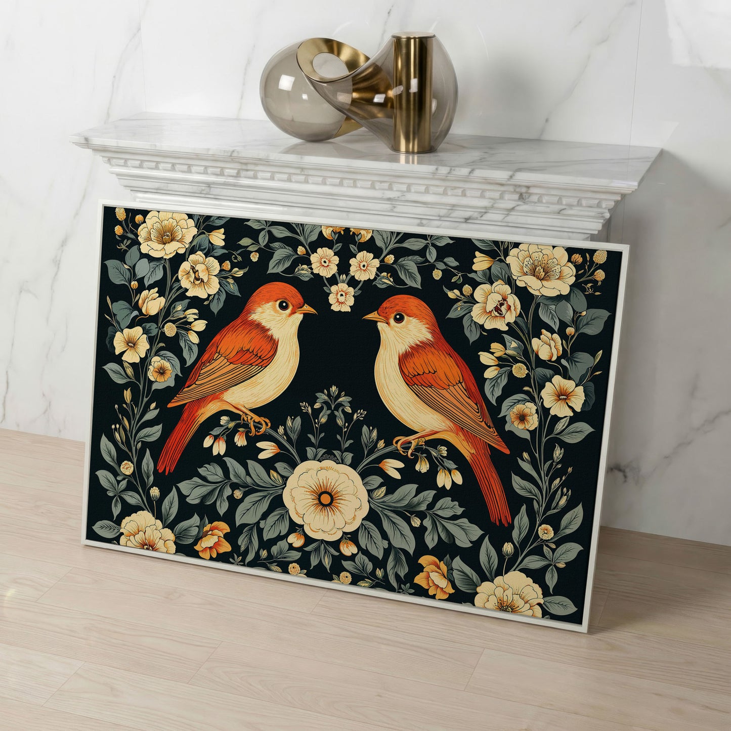 Vintage Birds and Roses Canvas Print in white floating frame