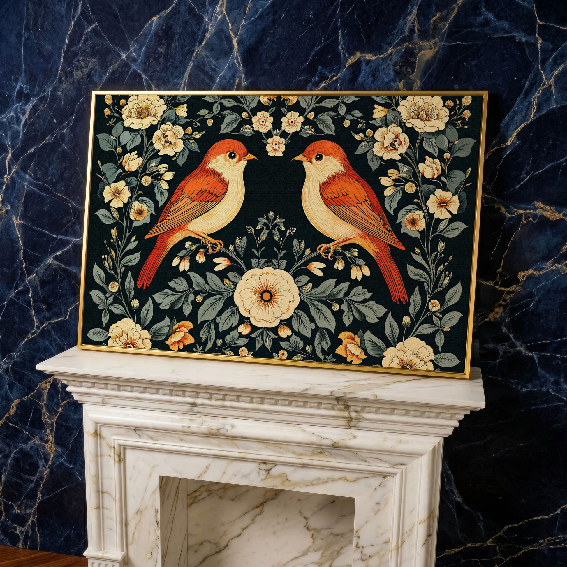 Vintage Birds and Roses Canvas Print in yellow gold floating frame