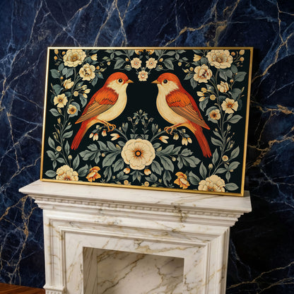 Vintage Birds and Roses Canvas Print in yellow gold floating frame